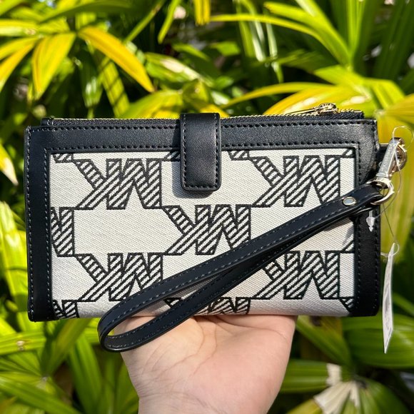 Michael Kors Jet Set Travel Large Double Zip Wallet MK Graphic Logo Beige Black - Picture 2 of 10